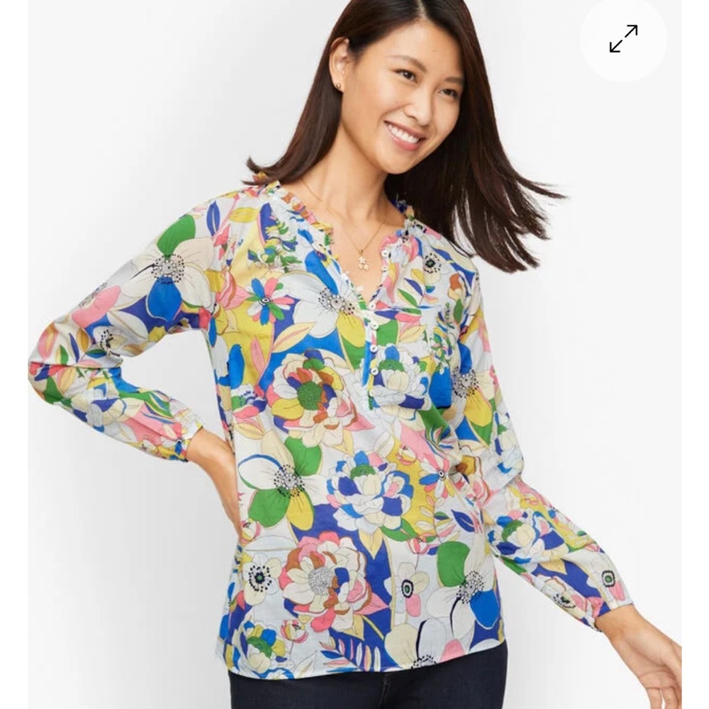 Talbots Floral Long Sleeve Lightweight Blouse sz MP Preppy Resort Wear Vacation